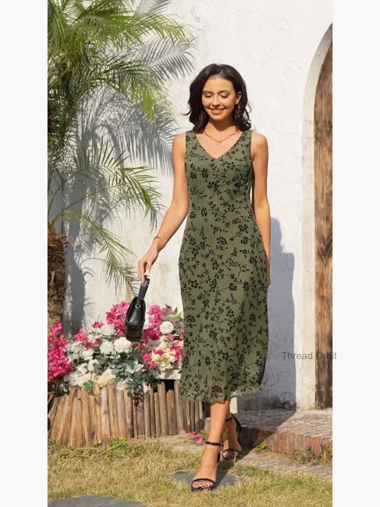 Sleeveless V-Neck Mesh Maxi Dress, Floral Casual Elegant Long Dress - Picture 7 of 7